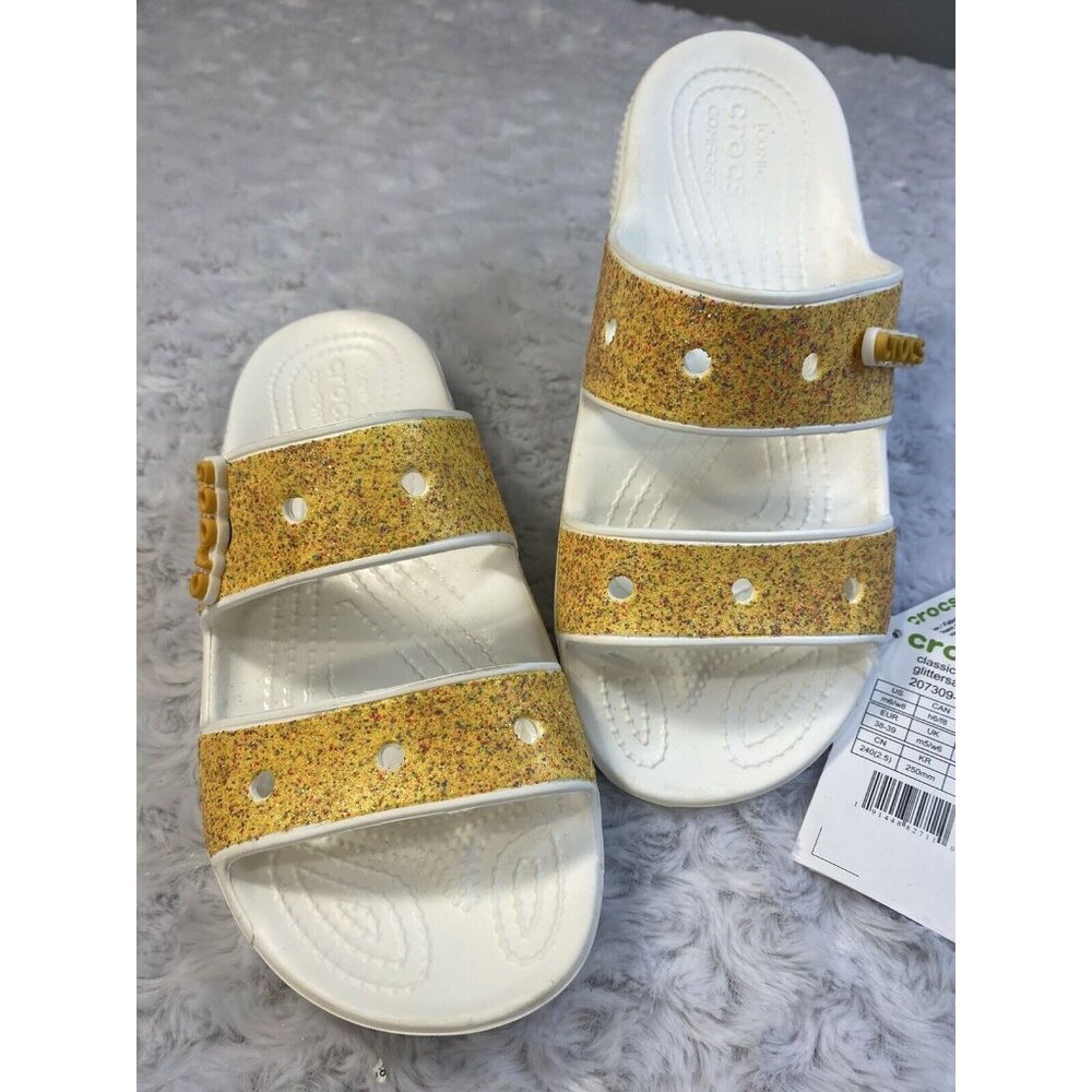 CROCS Classic Glitter Sandal White/Orange Sherbet Slip On Slide Sandal Sz 8 W